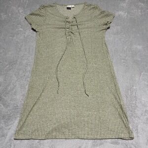 ROXY Dress Womens Medium Green Ribbed Dress Front Lace Up V Neck Beach Surf